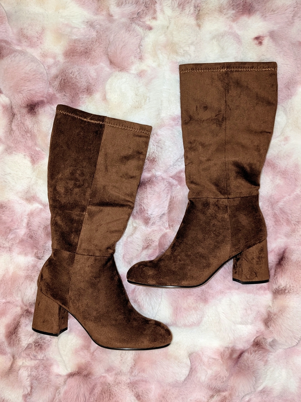 🍂 Boho Chocolate Brown Faux Suede Knee High Block Heel Boots Square Toe 9 NWOT